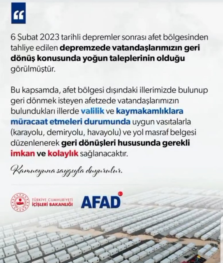 İlçemize gelen depremzedelerin dönüşleri hakkında bilgilendirme